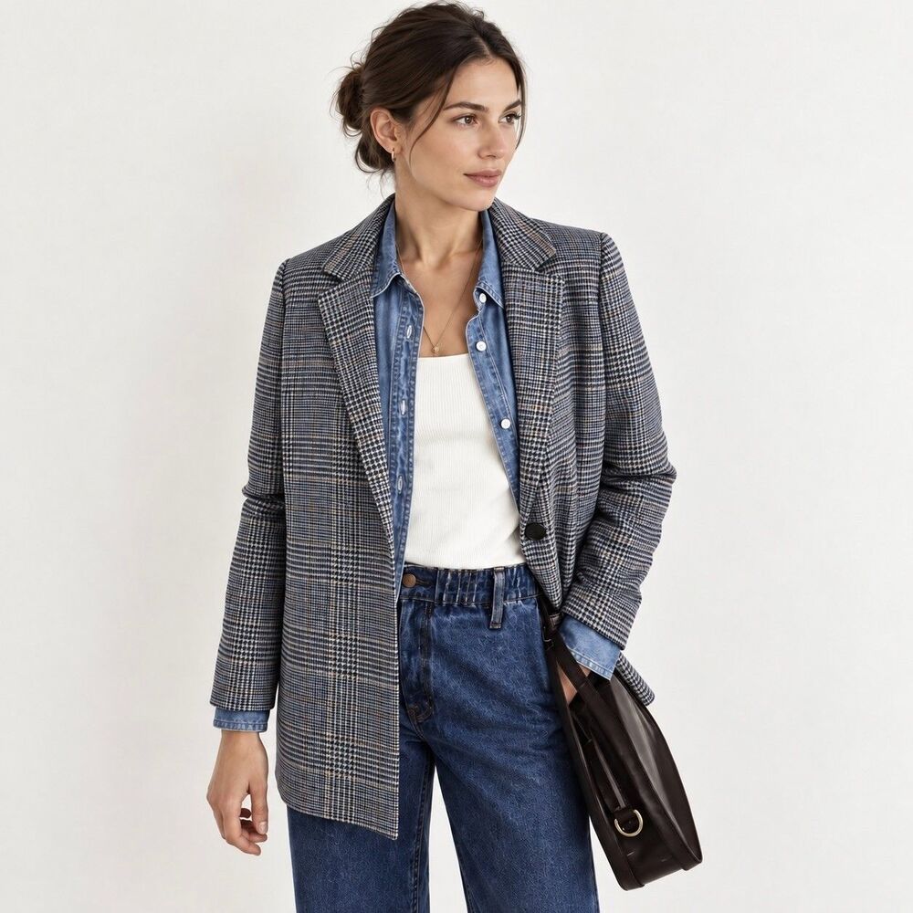 Madewell Dorset Blazer Navy Glen Plaid Wool Blend Sz S Longline Preppy Academia